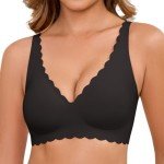 Vancavoo Seamless Wireless Push Up Bra for Women Non Wired Women's Bras Adjustable Soft V Neck Brassiere with Bra Extender,Light Black,L