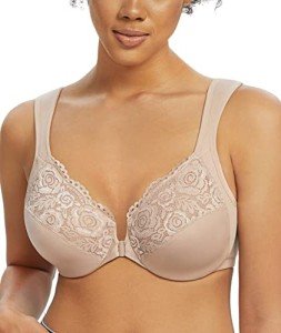Lemorosy Wide Strap Front Closure Bra Lace Full Figure Underwire(Beige Wide Strap,40DD)