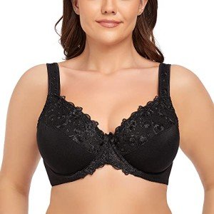 Ayigedu Women's Underwire Bra Non-Padded Floral Lace Plus Size Full Coverage Minimizer 38-G Black