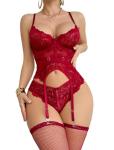Wine Red Lace-Up Corset Bodysuit Set for Women