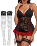 VONMELLI Black and Red Lace Lingerie Set