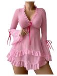 Pink Sheer Mesh Babydoll Lingerie Set with Thong