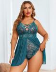 Avidlove Plus Size Lace Babydoll Set in Blue Green