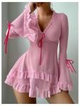 Pink Sheer Mesh Babydoll Lingerie Set with Thong
