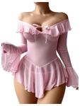 Pink Off Shoulder Ruffle Mesh Babydoll Lingerie Set