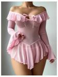 Pink Off Shoulder Ruffle Mesh Babydoll Lingerie Set