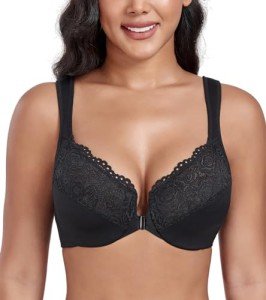 DotVol Women's Front Closure Wide Strap Underwire Bra Lace Plus Size U-Back Unlined Everyday Bra(Black,40E)