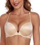 Lemorosy Women's Front Closure Bra Plunge V Push Up Padded Lace Racerback Underwire(Beige,40C)