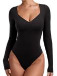 REORIA Long Sleeve Black Bodysuit for Women