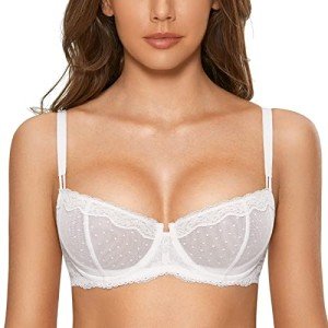 DOBREVA Women's Sexy Lace Balconette Bra Unlined Underwire Open Half Cup Bra See Through Sheer Balcony Bra White 36D