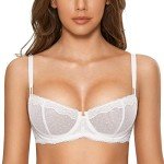 DOBREVA Women's Sexy Lace Balconette Bra Unlined Underwire Open Half Cup Bra See Through Sheer Balcony Bra White 36D