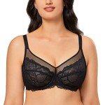 DOBREVA Women's Lace Full Coverage Minimiser Bra Unlined Underwire See Through Plus Size Bra Black 32A