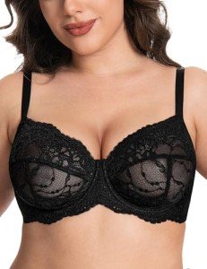Deyllo Women's Plus Size Bra Full Coverage Minimizer Lace See Through Non Padded Unlined Underwired for Heavy Breasts(Black,44H)