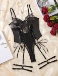 Black Lace Bodysuit Corset Top with Garter
