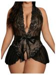 Plus Size Black Lace Teddy with Ruffles and Bow