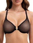 Deyllo Women's Front Closure Sexy See Through Mesh Sheer Bra Non Padded Unlined Plunge Racerback Bra for Underwire(Black,38D)