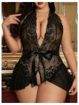 Plus Size Black Lace Teddy with Ruffles and Bow