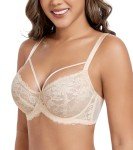 DotVol Women's Sexy Strappy See Through Lace Bra Plus Size Unlined Underwire Everyday Bra(Beige, 44D)