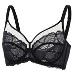 DOBREVA Women's Lace Full Coverage Minimiser Bra Unlined Underwire See Through Plus Size Bra Black 32A