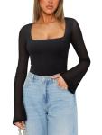 Reoria Women's Sheer Long Sleeve Bodysuit - Black