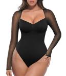 Plus Size Black Long Sleeve Mesh Bodysuit