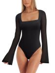Reoria Women's Sheer Long Sleeve Bodysuit - Black