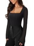 Reoria Women's Sheer Long Sleeve Bodysuit - Black