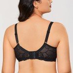 DOBREVA Women's Lace Full Coverage Minimiser Bra Unlined Underwire See Through Plus Size Bra Black 32A