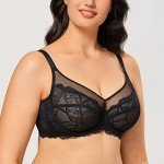 DOBREVA Women's Lace Full Coverage Minimiser Bra Unlined Underwire See Through Plus Size Bra Black 32A