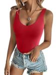 Reoria Women's Backless Deep V Bodysuit in Red