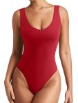 Reoria Women's Backless Deep V Bodysuit in Red