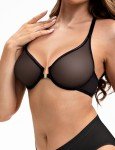 Deyllo Women's Front Closure Sexy See Through Mesh Sheer Bra Non Padded Unlined Plunge Racerback Bra for Underwire(Black,38D)