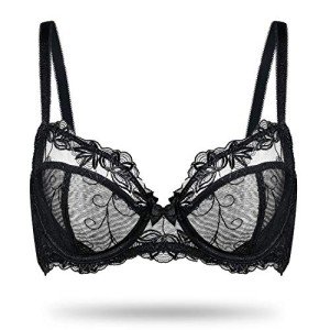 Deyllo Women's Lace Bra Plus Size Underwire Embroidered Unlined Bra See Through Non Padded(Black,42F)