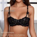Sexy Lace Push Up Bra for Women Underwire Non Padded Half Cup Plus Size See Through Bras S-XL(D238BB,Black,M)