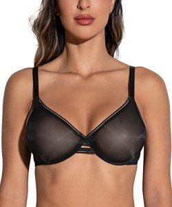 Deyllo Women's Sheer Mesh Lace Unlined Underwire Bra Sexy See-Through Demi Bralette(Black,38E)
