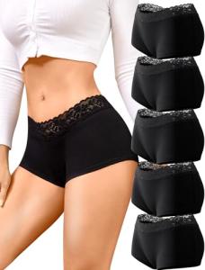 FINETOO Women's Cotton Lace Boy Shorts 5 Pack