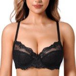Deyllo Women's Lace Bra Plus Size Underwire Embroidered Unlined Bra See Through Non Padded(Black,42F)