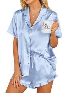 Ekouaer Light Blue Satin Pajama Set for Women