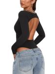PINKMSTYLE Women's Backless Long Sleeve Bodysuit Black