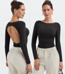 PINKMSTYLE Women's Backless Long Sleeve Bodysuit Black