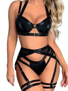 Kaei&Shi Garter Belt Thong Lingerie for Women,Strappy Hollow Out Underwire Racerback Sexy Lingerie,Harness Garter Leg Strap Matching 4 Piece Lingerie Set Petite Boudoir Black X-Small