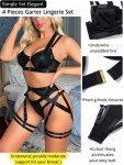 Kaei&Shi Garter Belt Thong Lingerie for Women,Strappy Hollow Out Underwire Racerback Sexy Lingerie,Harness Garter Leg Strap Matching 4 Piece Lingerie Set Petite Boudoir Black X-Small