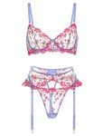 HELLOLAGIRL Sexy Lingerie Set for Women,Lace Womens Lingeries flower Teddy Lingerie 3 Piece with Garter Belt (Pink, M)