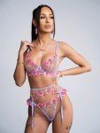 HELLOLAGIRL Sexy Lingerie Set for Women,Lace Womens Lingeries flower Teddy Lingerie 3 Piece with Garter Belt (Pink, M)