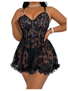 RoseSeek Plus Size Floral Lace Babydoll Set