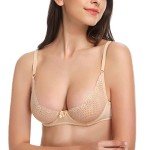 Wingslove Women's Sexy 1/2 Cup Lace Bra Balconette Mesh Underwired Demi Shelf Bra Unlined See Through Bralette (Beige, 38C)