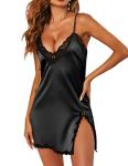 Ekouaer Women's Black Satin Lace Chemise Nightshirt