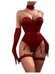 Burgundy Strapless Sheer Mesh Bodysuit Lingerie