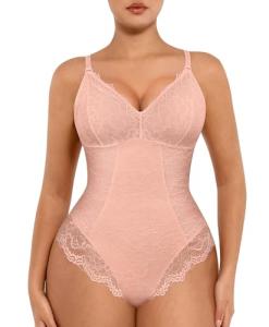 FeelinGirl Lace V Neck Bodysuit in Light Camel