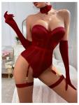 Burgundy Strapless Sheer Mesh Bodysuit Lingerie